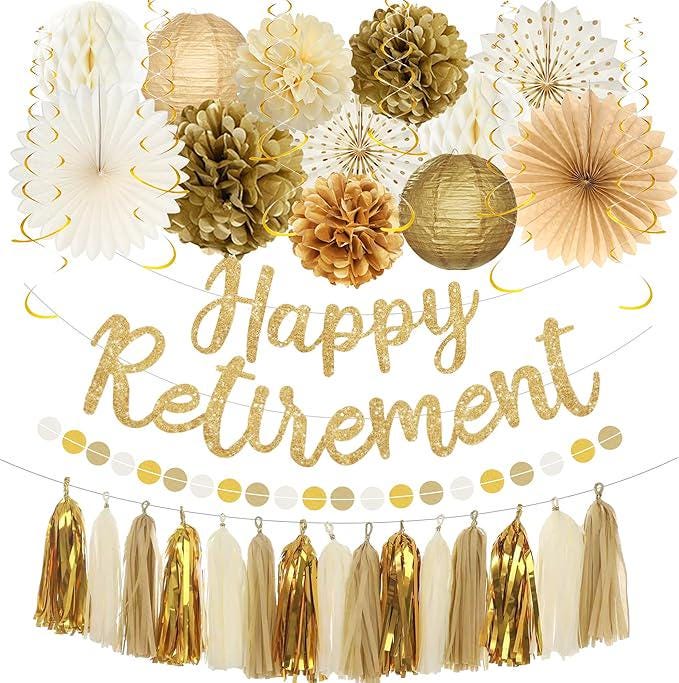 Retirement Party Decorations for Women Men Gold Glitter Banner Fans Kit