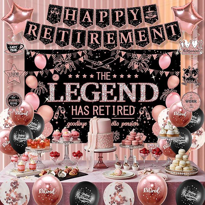 Retirement Party Decorations for Women Black Pink Banner Backdrop Balloons Swirl Set