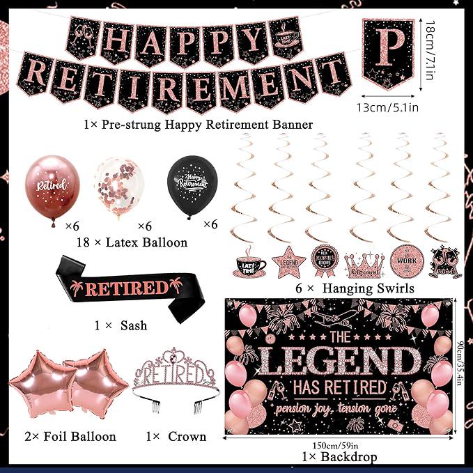 Retirement Party Decorations for Women Black Pink Banner Backdrop Balloons Swirl Set