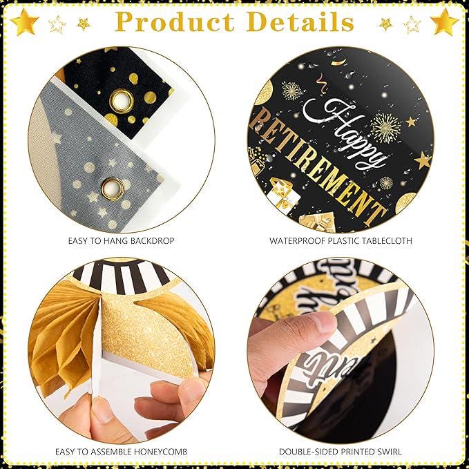 Retirement Party Decorations for Men Women 109Pcs Black Gold Banner Balloons Swirl Set