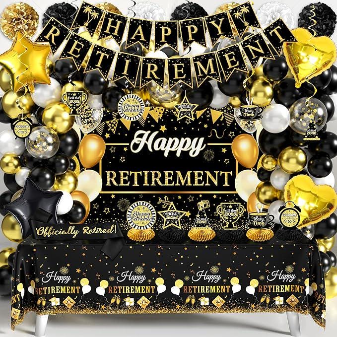 Retirement Party Decorations for Men Women 109Pcs Black Gold Banner Balloons Swirl Set