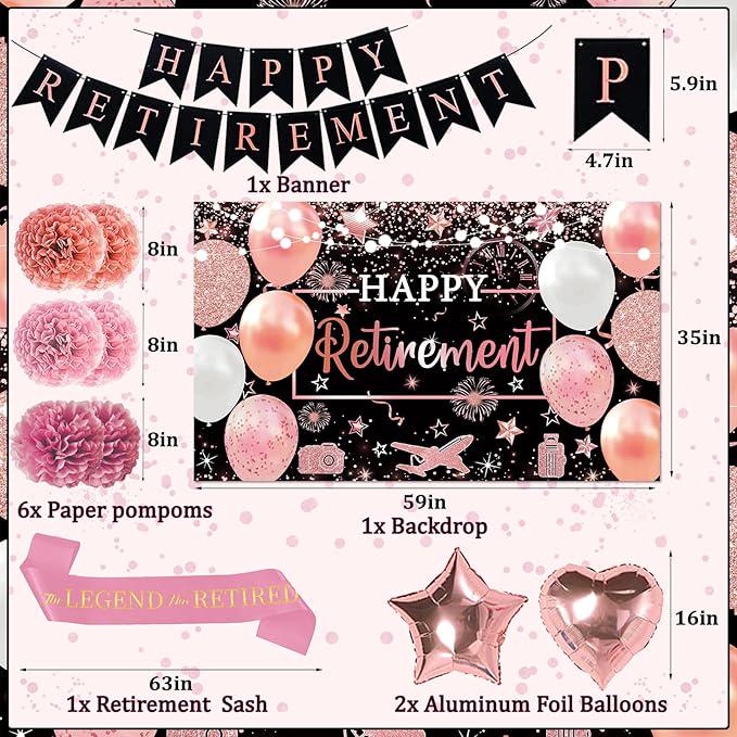 Retirement Party Decorations for Women Rose Gold Banner Backdrop Swirls Centerpiece Set