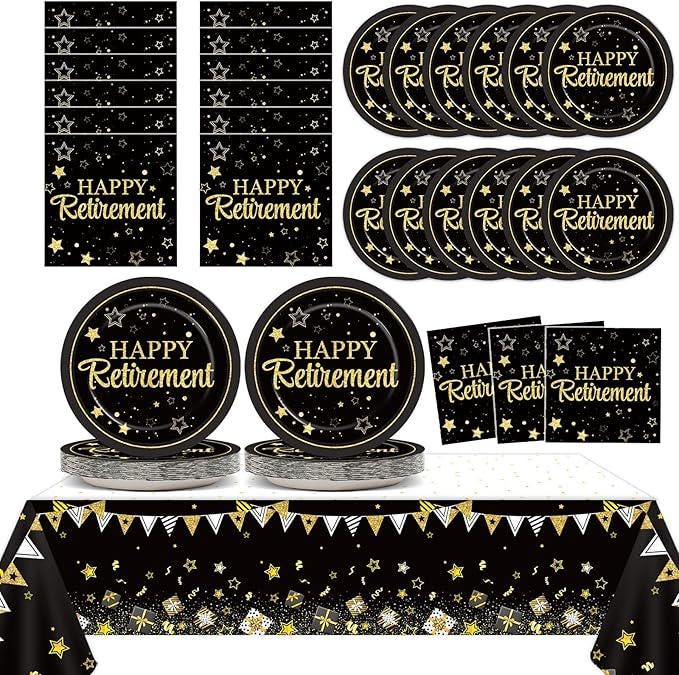 Happy Retirement Party Supplies Black Gold Plates Napkins Tablecloth Set for Men Women