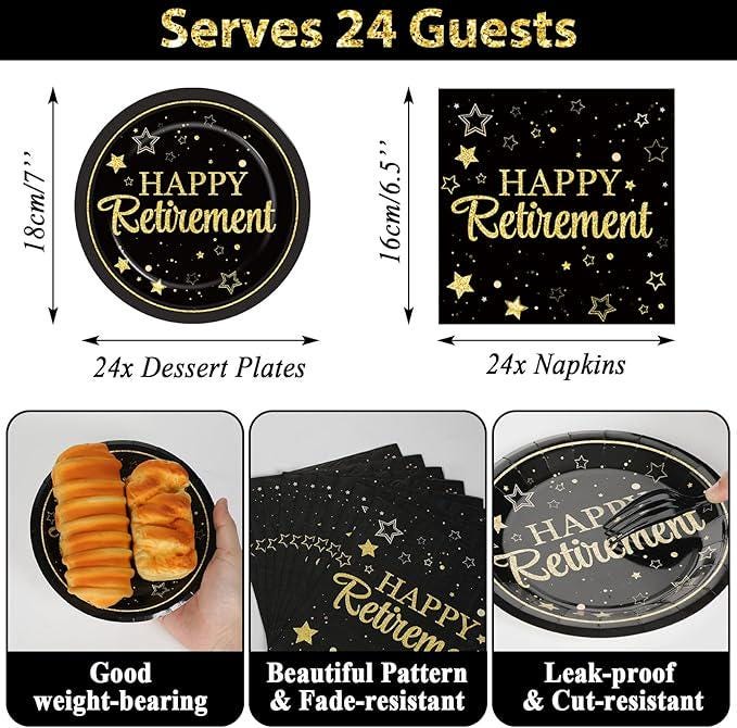 Happy Retirement Party Supplies Black Gold Plates Napkins Tablecloth Set for Men Women