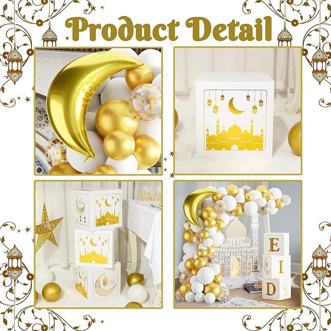 Eid Mubarak Home Decoration 2025 White Gold Balloon Arch Star Moon Ramadan Decor