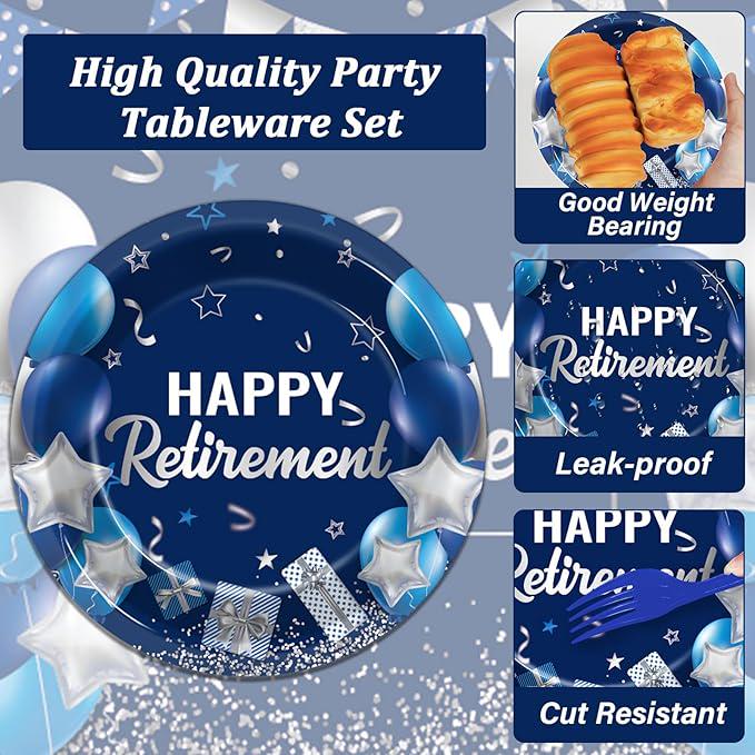 96Pcs Retirement Party Plates Napkins Blue Silver Tableware Set for Men Women