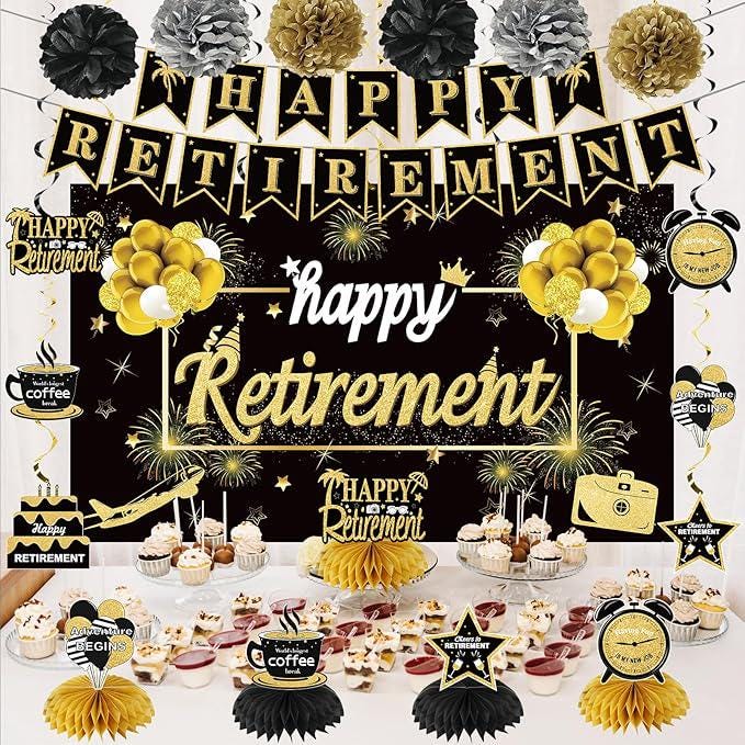 20Pcs Happy Retirement Party Decorations Black Gold Banner Balloons Centerpiece Set