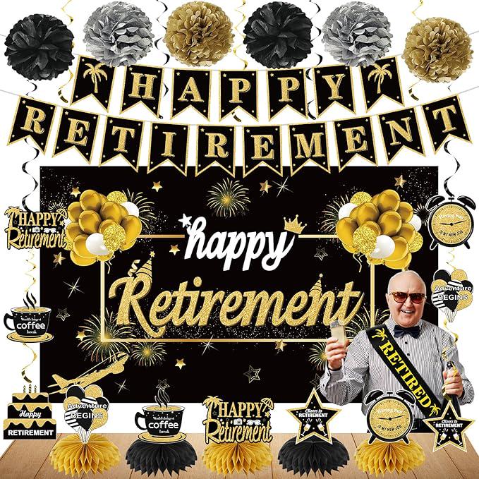 20Pcs Happy Retirement Party Decorations Black Gold Banner Balloons Centerpiece Set