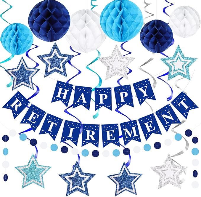Happy Retirement Party Decorations for Men Women Blue Silver Banner Swirls Garland Set