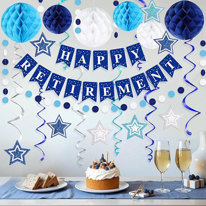 Happy Retirement Party Decorations for Men Women Blue Silver Banner Swirls Garland Set