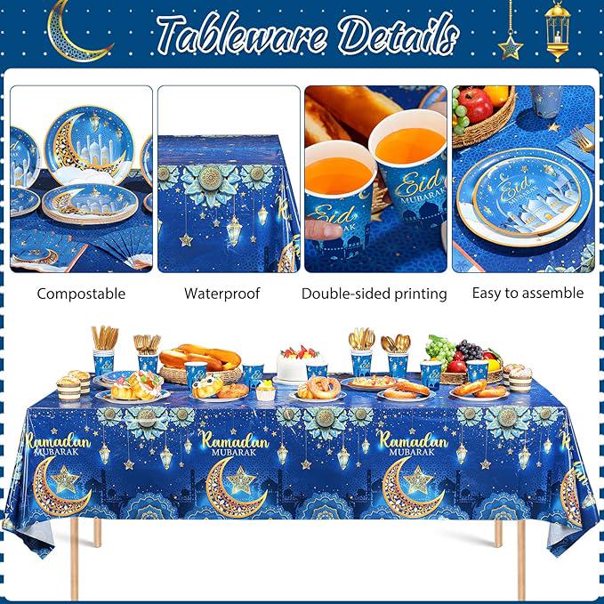 167PCS Eid Mubarak Party Decorations Ramadan Backdrop Balloon Tableware Blue Set