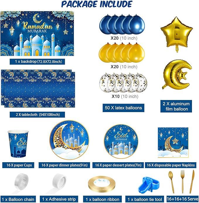 167PCS Eid Mubarak Party Decorations Ramadan Backdrop Balloon Tableware Blue Set