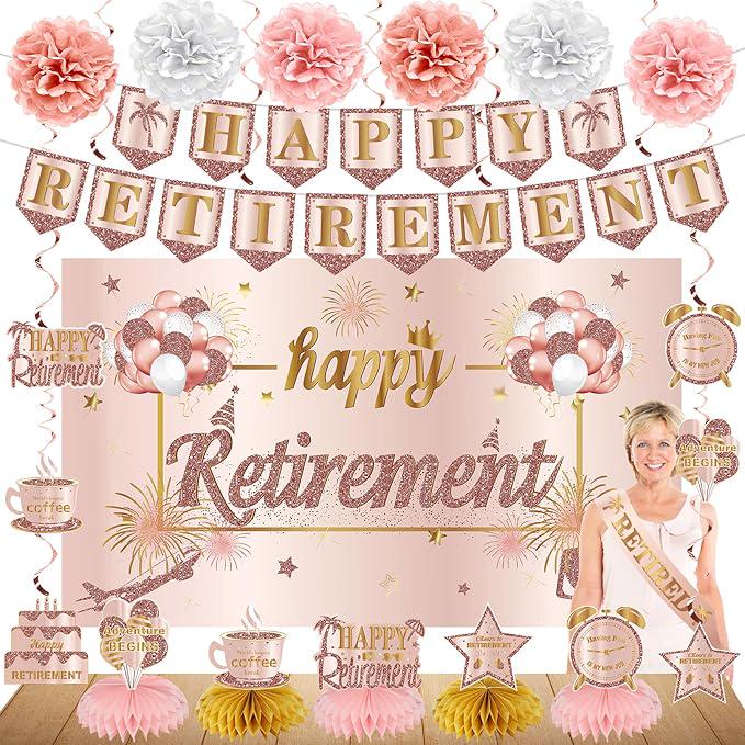 20Pcs Retirement Party Decorations for Women Pink Rose Gold Banner Balloons Centerpiece Set