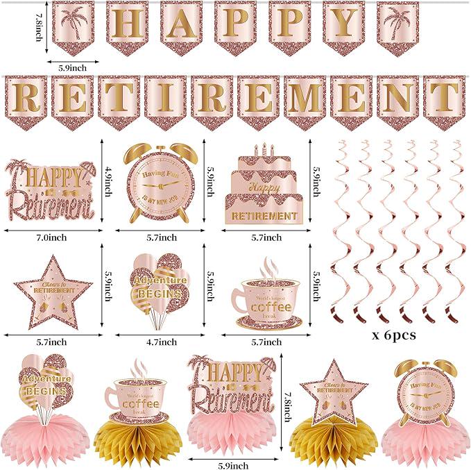 20Pcs Retirement Party Decorations for Women Pink Rose Gold Banner Balloons Centerpiece Set