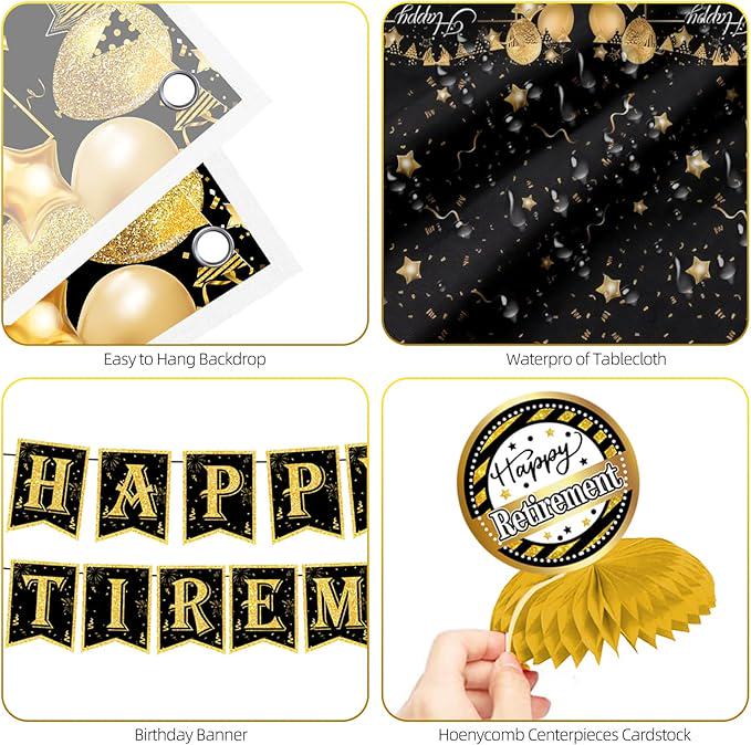 Retirement Party Decorations for Men Women Black Gold Banner Backdrop Balloons Centerpiece Set