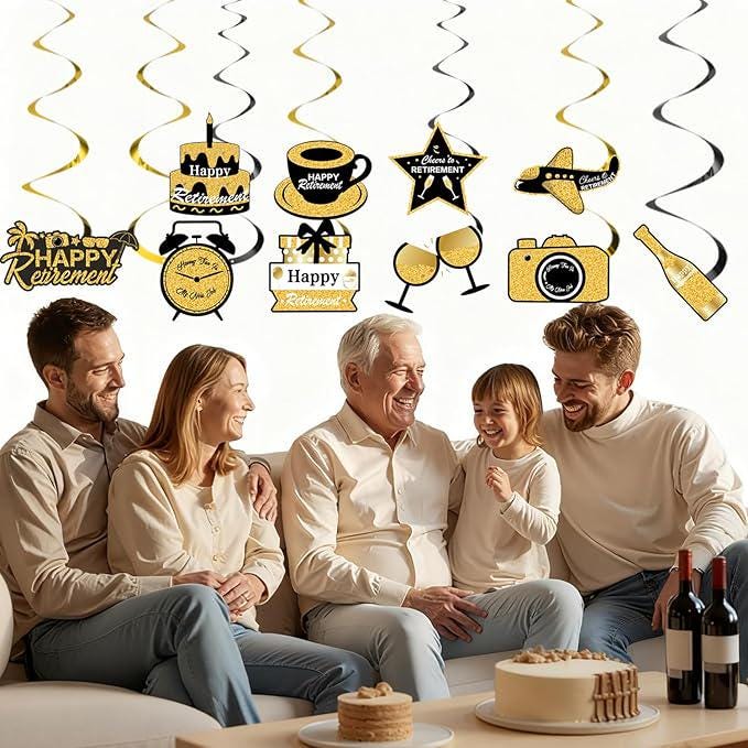 Happy Retirement Party Decorations Set Black Gold Banner Swirls Honeycomb Balls