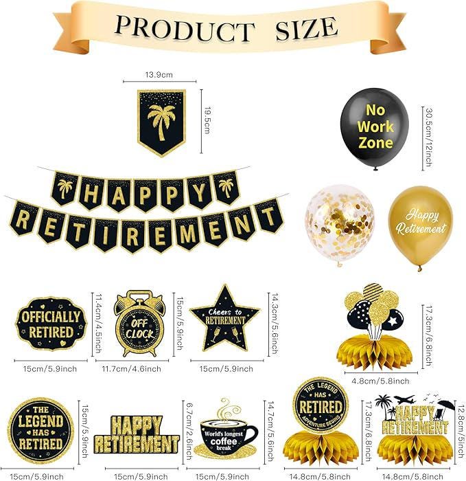 25Pcs Retirement Party Decorations for Men Women Black Gold Banner Balloons Centerpiece Set