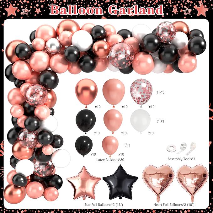 Retirement Party Decorations for Women 109Pcs Rose Gold Black Banner Balloons Swirl Set