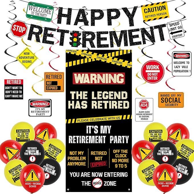 Retirement Decorations for Men Women Caution Banner Balloons Swirls Legend Retired Set