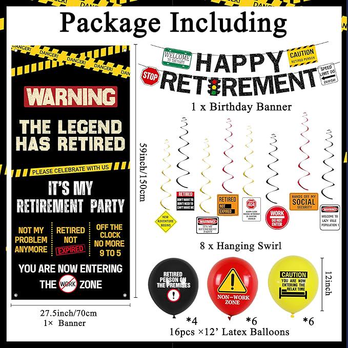 Retirement Decorations for Men Women Caution Banner Balloons Swirls Legend Retired Set