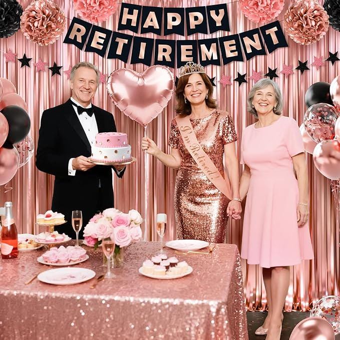 Retirement Party Decorations 44Pcs Rose Gold Banner Sash Crown Balloons Pompoms Set