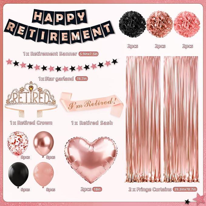 Retirement Party Decorations 44Pcs Rose Gold Banner Sash Crown Balloons Pompoms Set