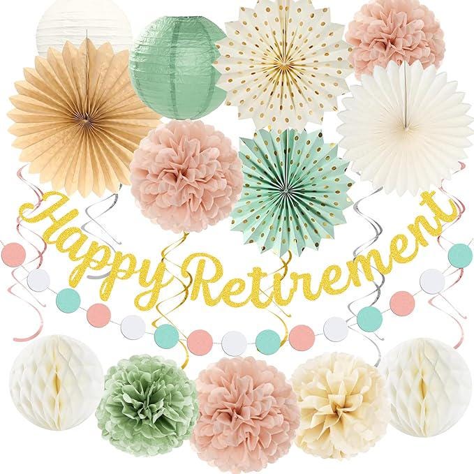 Retirement Party Decorations for Women Sage Green Blush Pink Happy Retirement Banner Lanterns