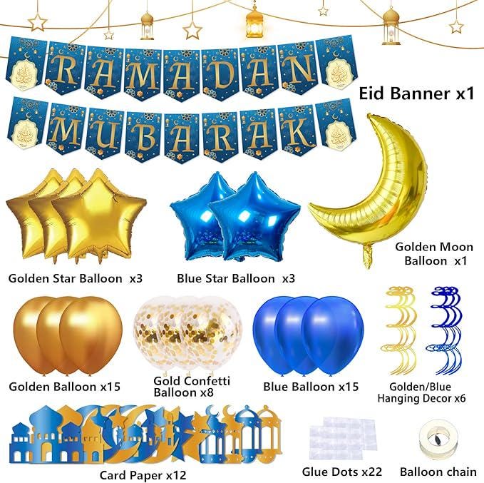 138PCS Ramadan Decorations Set 38 Latex Balloons 7 Foil Balloons Banner Party Decor