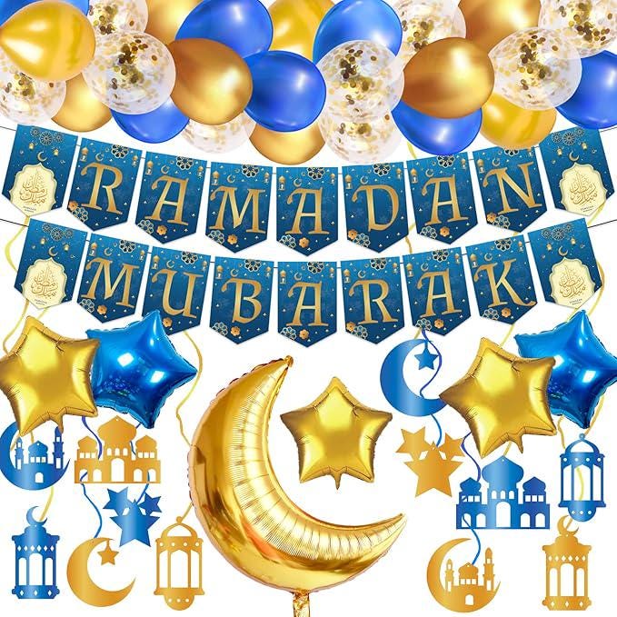 138PCS Ramadan Decorations Set 38 Latex Balloons 7 Foil Balloons Banner Party Decor
