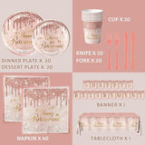 142pcs Rose Gold Retirement Party Decorations Plates Napkins Cups Banner Cutlery