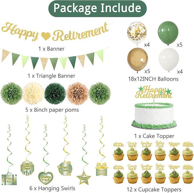Retirement Party Decorations for Men and Women Green Happy Retirement Banner Balloons Pompoms