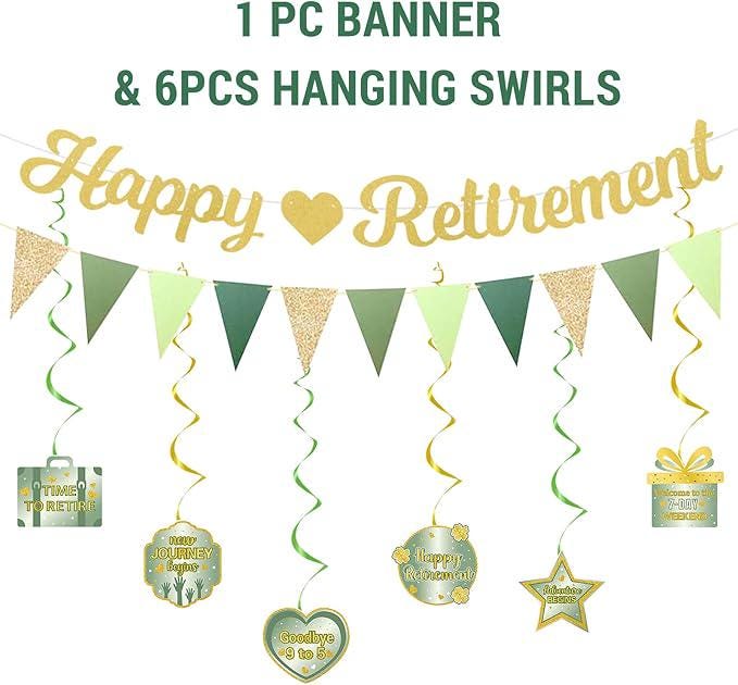 Retirement Party Decorations for Men and Women Green Happy Retirement Banner Balloons Pompoms