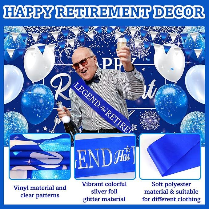 Happy Retirement Party Decorations for Men and Women Blue Silver Banner Balloons Centerpieces