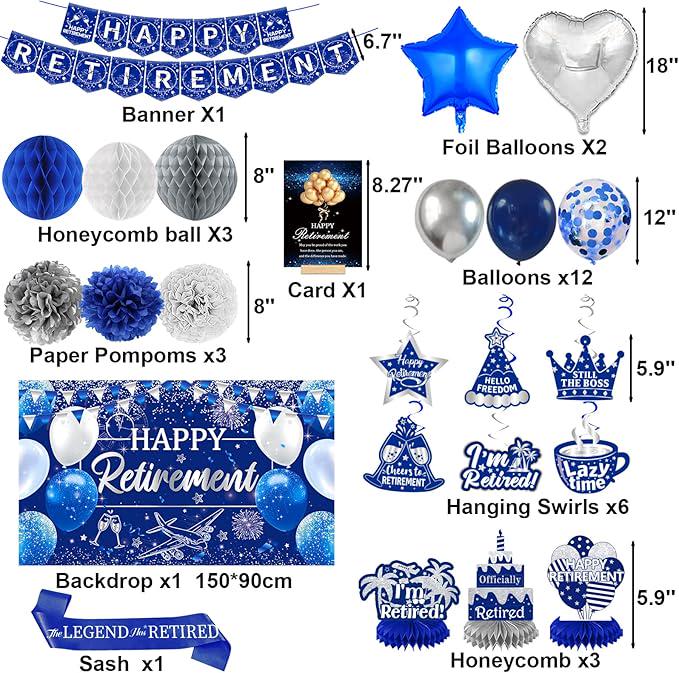 Happy Retirement Party Decorations for Men and Women Blue Silver Banner Balloons Centerpieces