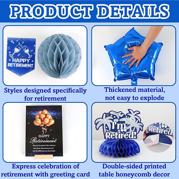 Happy Retirement Party Decorations for Men and Women Blue Silver Banner Balloons Centerpieces