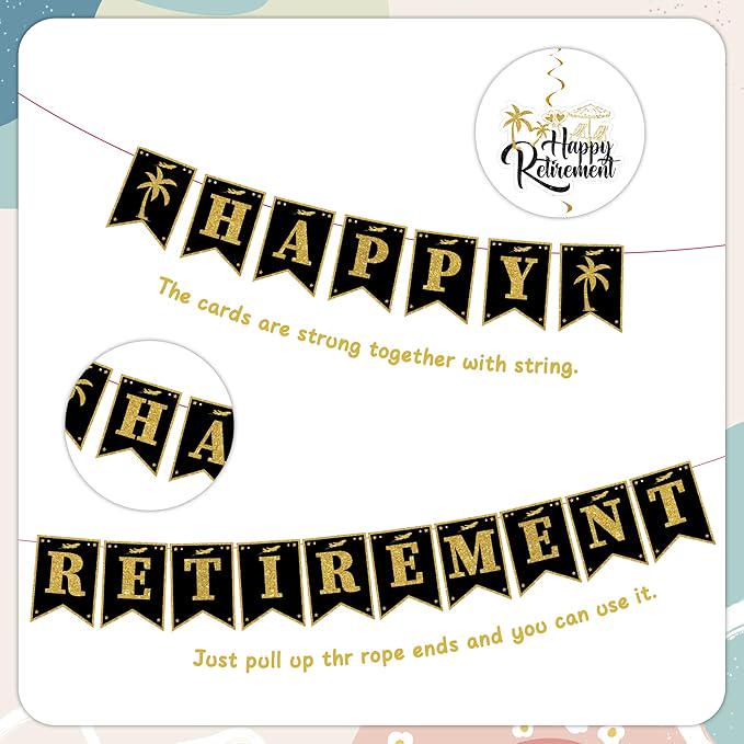 Happy Retirement Party Decorations 33pcs Gold Black Banners Balloons Cake Toppers Sash Confetti