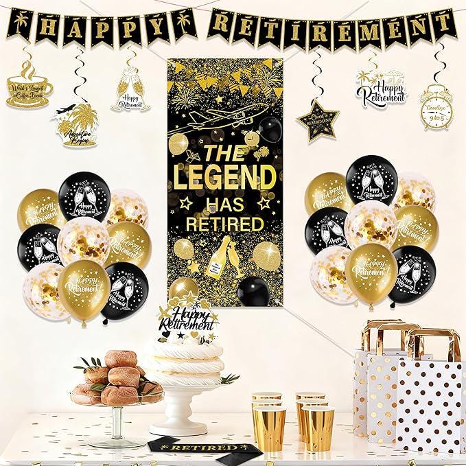 Happy Retirement Party Decorations 33pcs Gold Black Banners Balloons Cake Toppers Sash Confetti