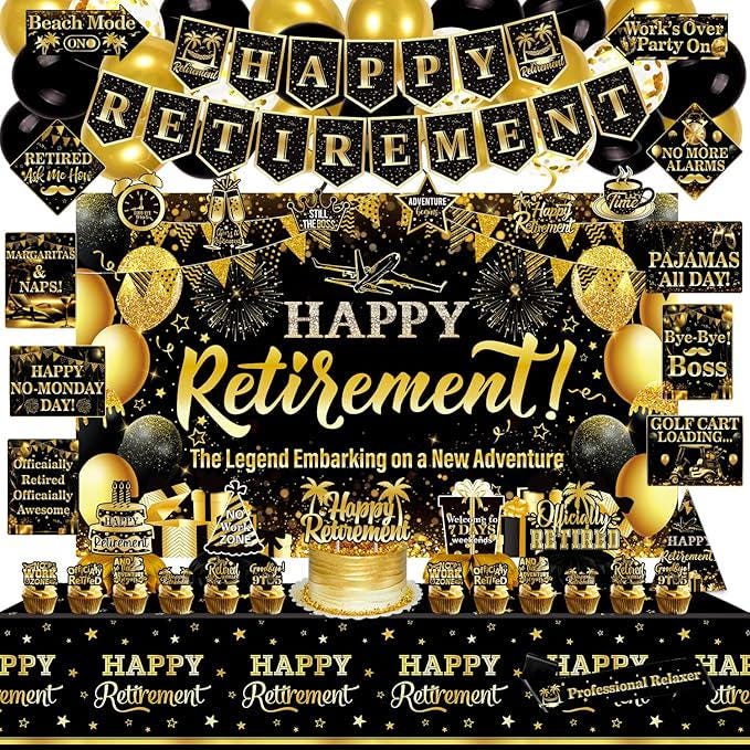 Retirement Party Decorations 78pcs Gold Black Happy Retirement Banner Backdrop Centerpieces Sash