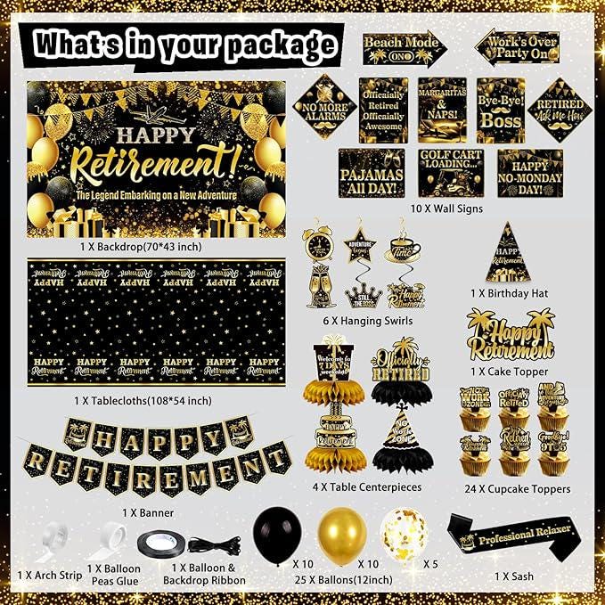 Retirement Party Decorations 78pcs Gold Black Happy Retirement Banner Backdrop Centerpieces Sash
