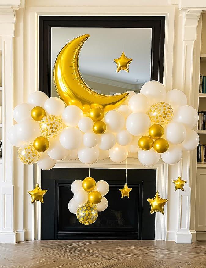 White Gold Party Decorations Moon Star Foil Balloons Baby Shower Decor