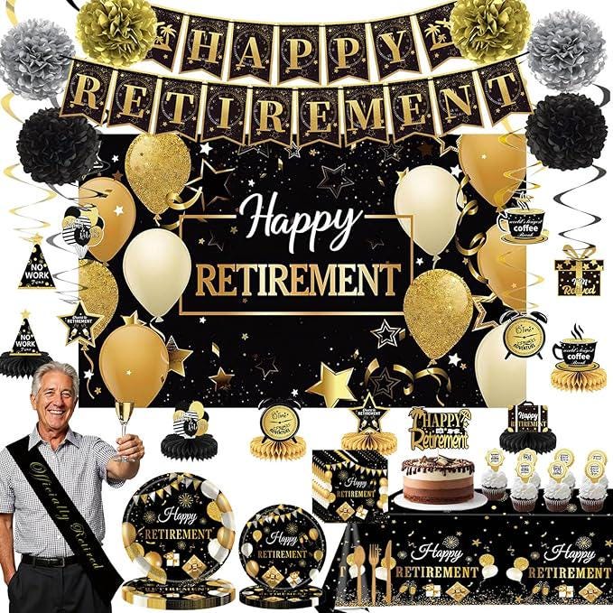 Retirement Party Decorations Black Gold Napkins Plates Banner Backdrop Honeycomb Centerpiece