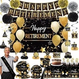 Retirement Party Decorations Black Gold Napkins Plates Banner Backdrop Honeycomb Centerpiece