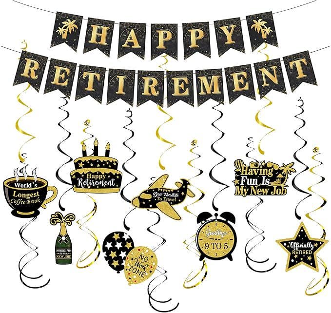 Black and Gold Retirement Party Decorations Kit with Banner and Swirls
