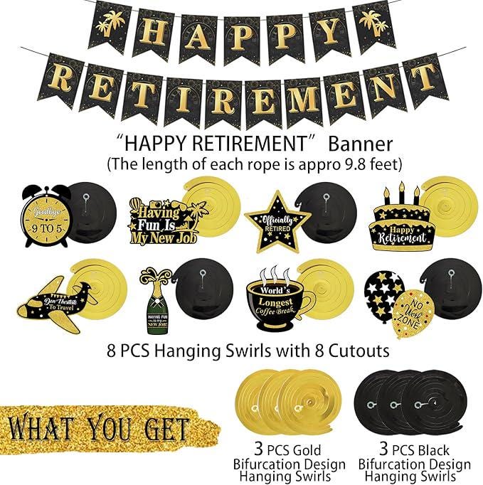 Black and Gold Retirement Party Decorations Kit with Banner and Swirls