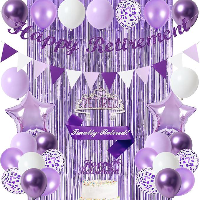 Purple Retirement Decorations Kit for Women Banner Crown Sash Balloons