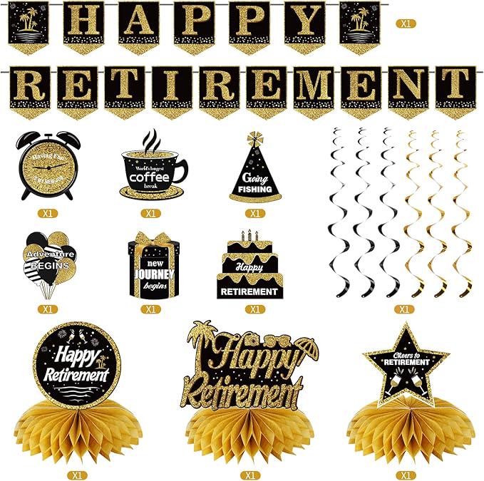 Happy Retirement Party Decorations Kit Black Gold Banner Honeycomb Swirls