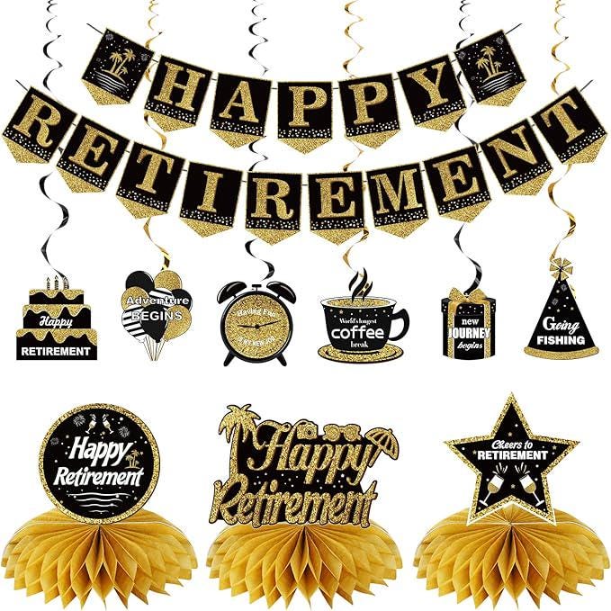 Happy Retirement Party Decorations Kit Black Gold Banner Honeycomb Swirls