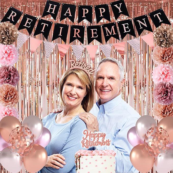 67Pcs Rose Gold Retirement Party Decorations Banner Balloons Cake Toppers