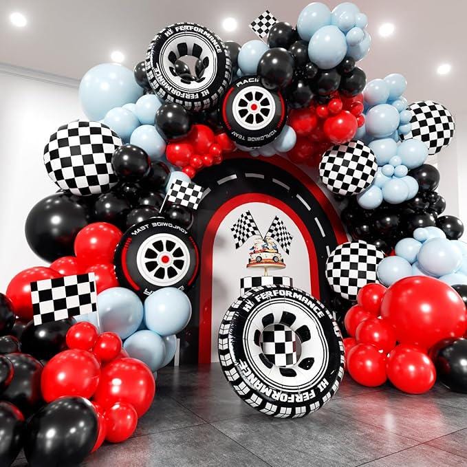 Race Car Balloon Arch Kit 168pcs Black Red Blue Checkered Balloons Boy Birthday Party