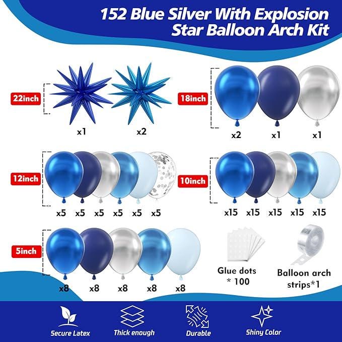 152PCS Blue Balloon Arch Kit Silver Balloons for Birthday Wedding Party Decor